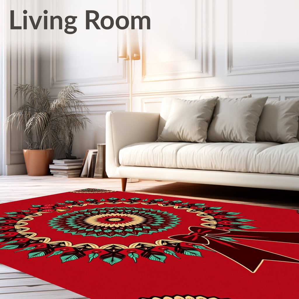Festive Red Mandala Wreath Bow Rug