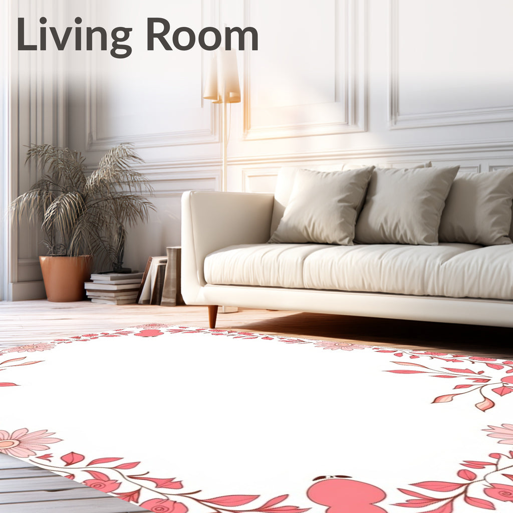 Coral Pink Floral Vine Border Rug