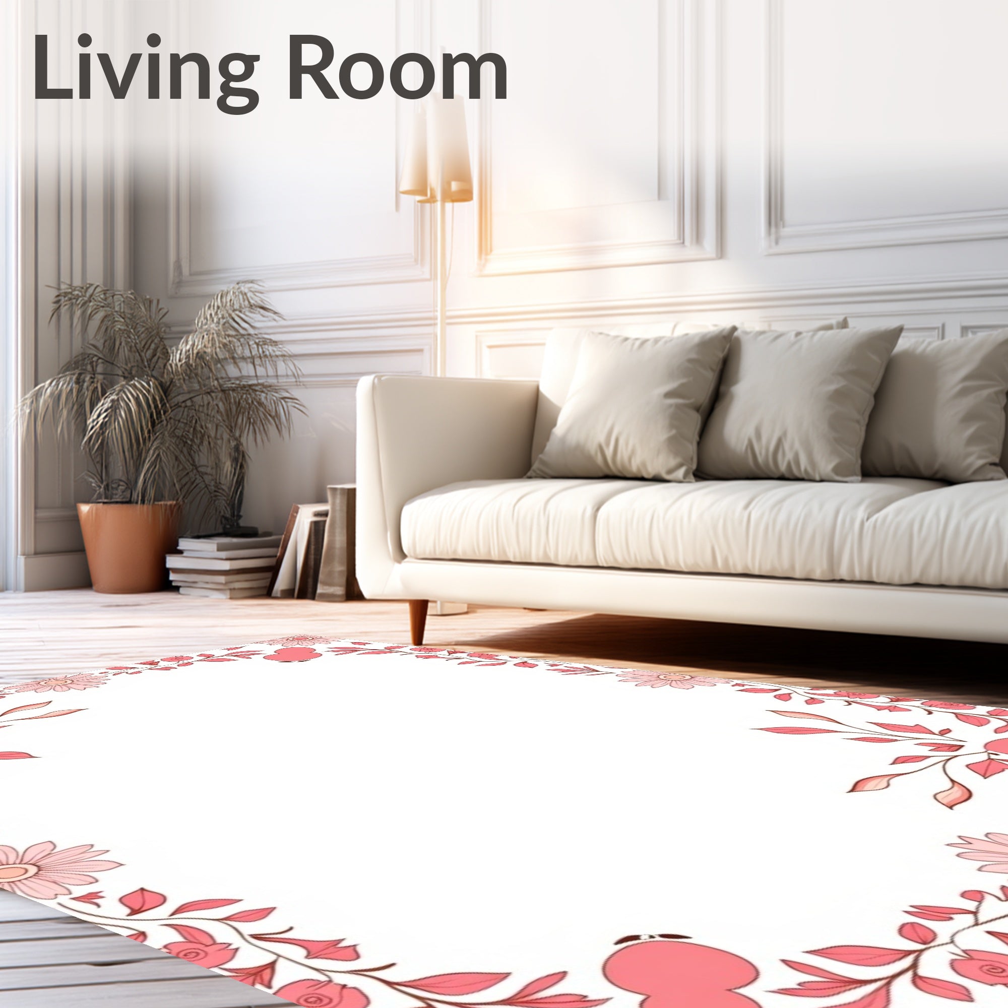 Coral Pink Floral Vine Border Rug