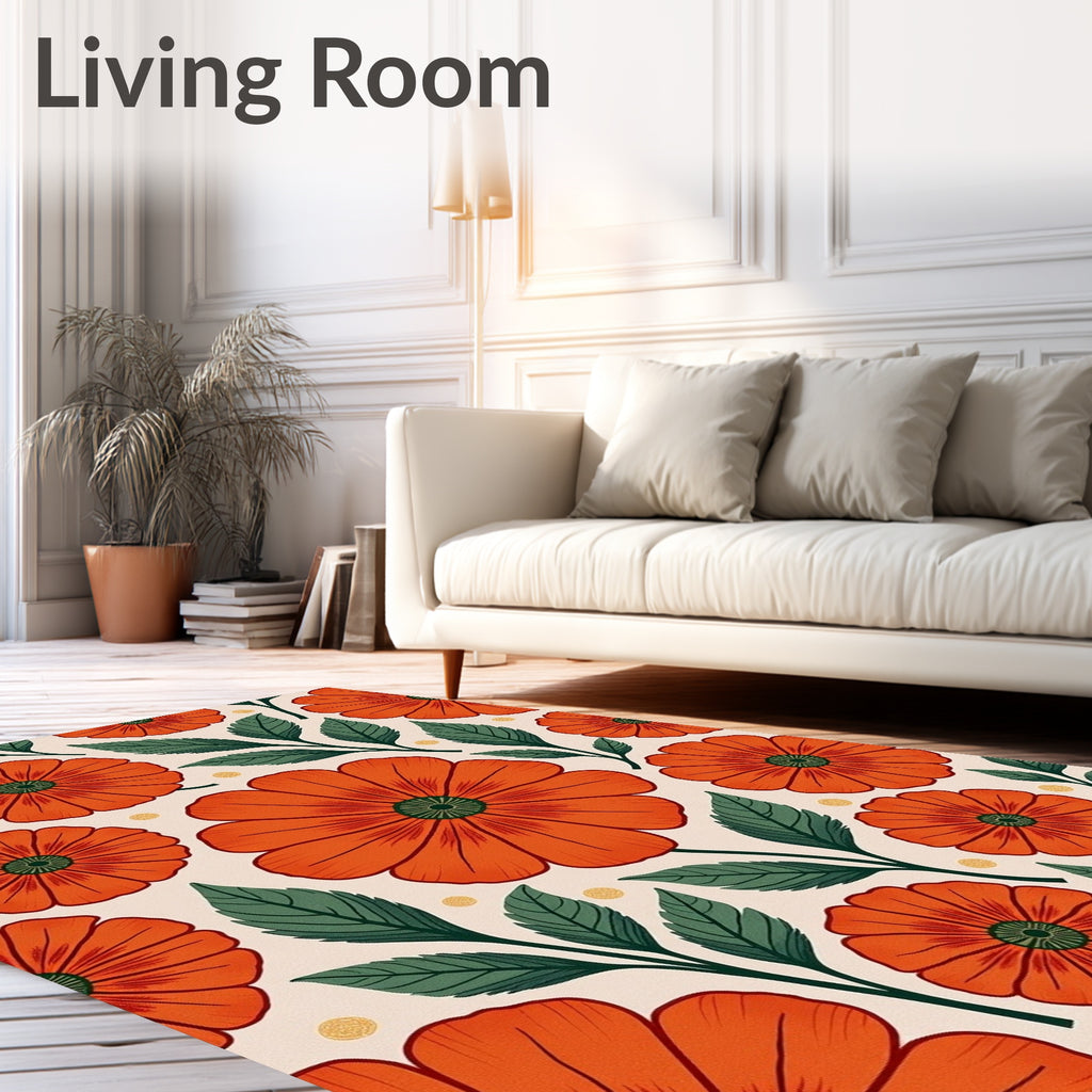 Vibrant Orange Floral Leaf Cluster Rug