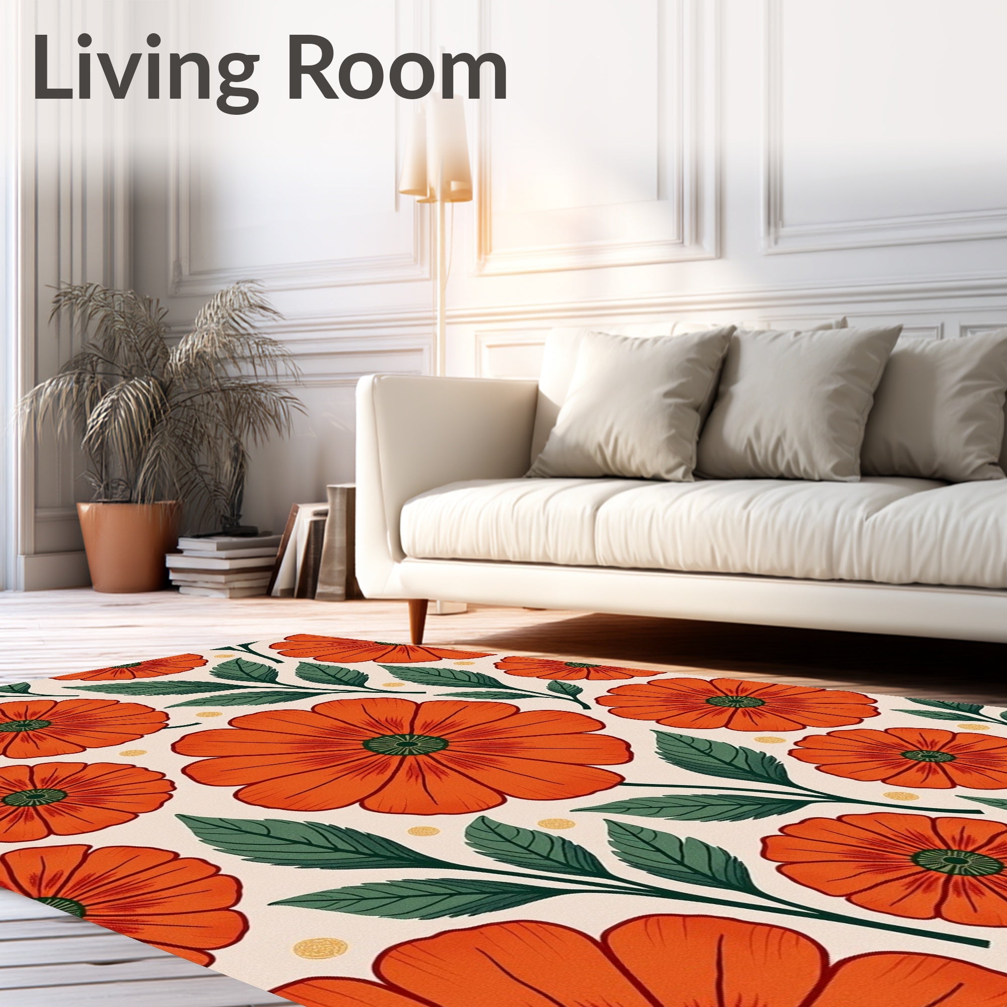 Vibrant Orange Floral Leaf Cluster Rug