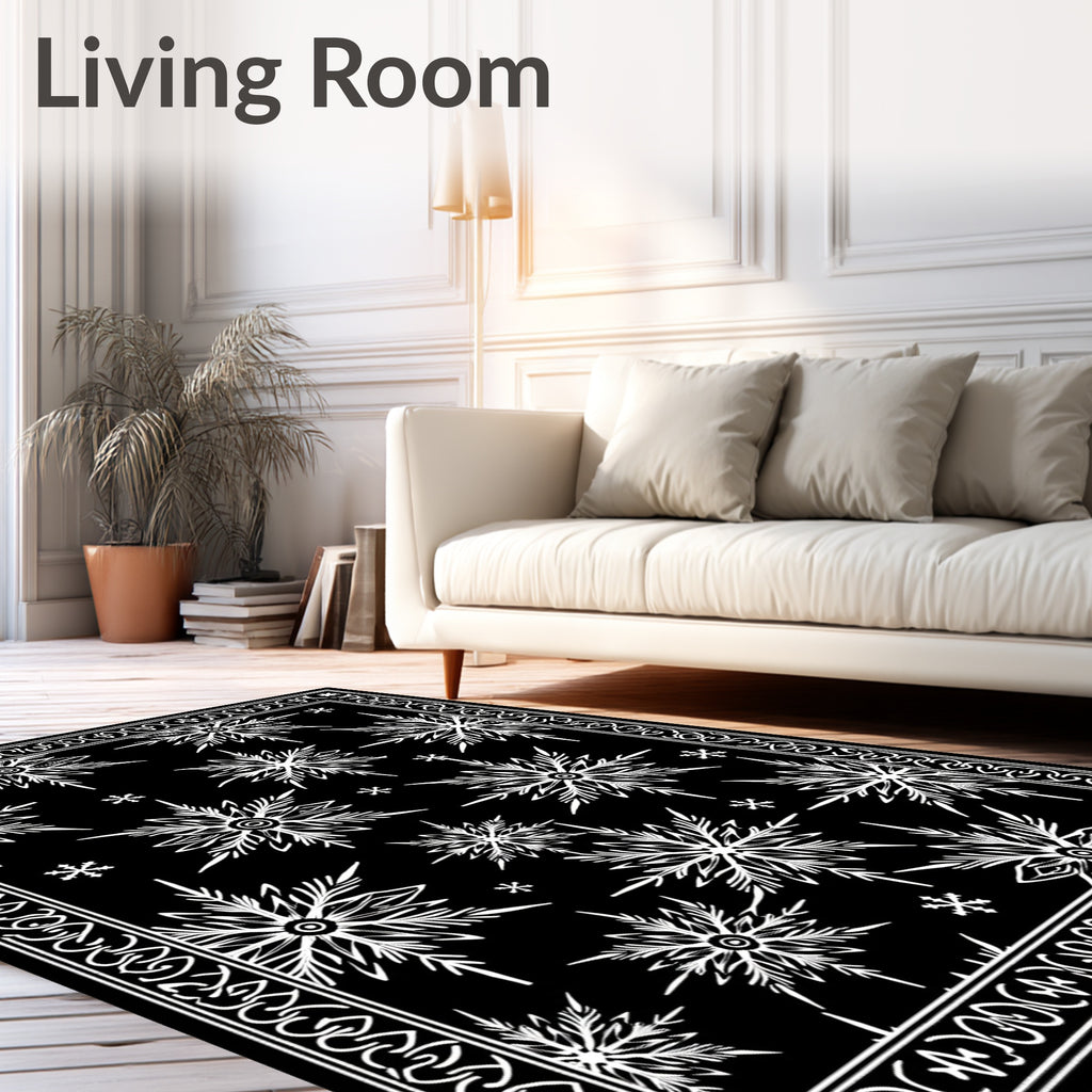 Black White Snowflake Composed Border Rug