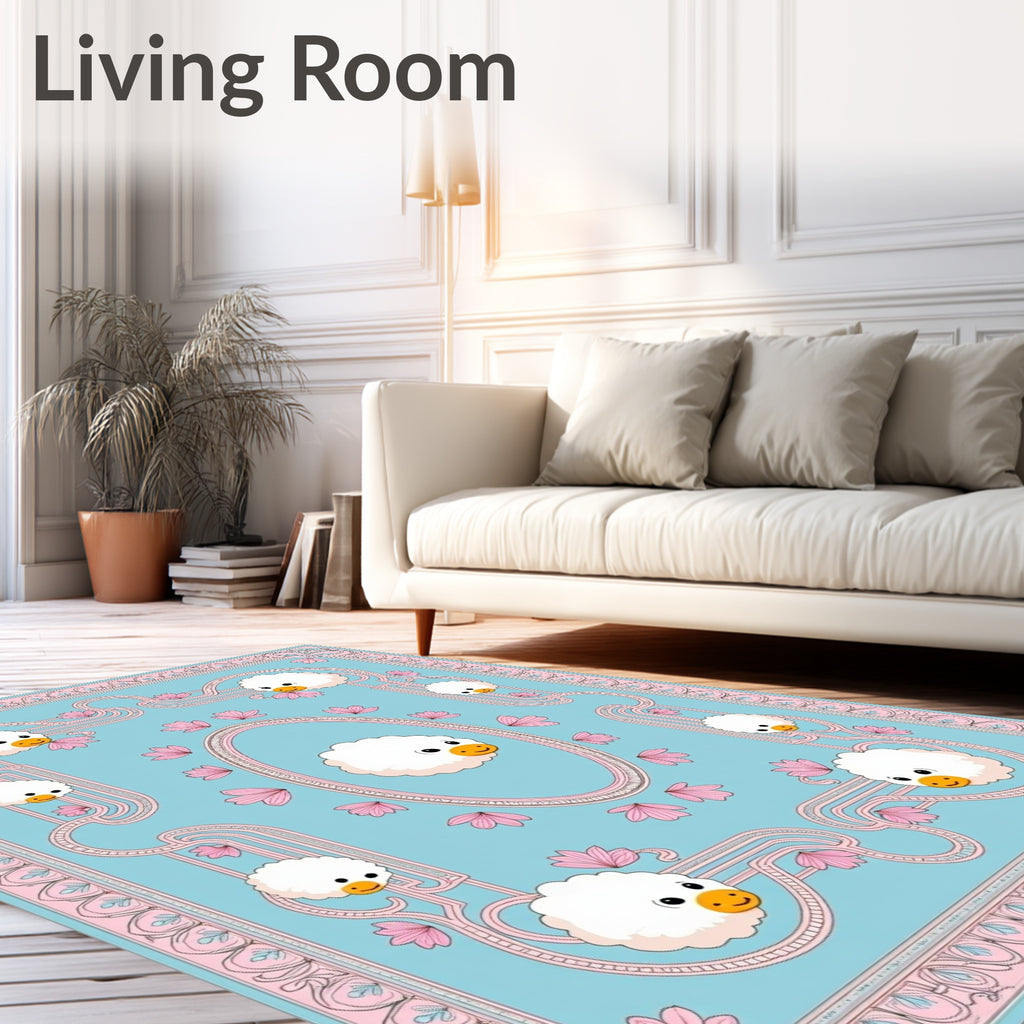 Whimsical Blue Sheep Floral Border Rug