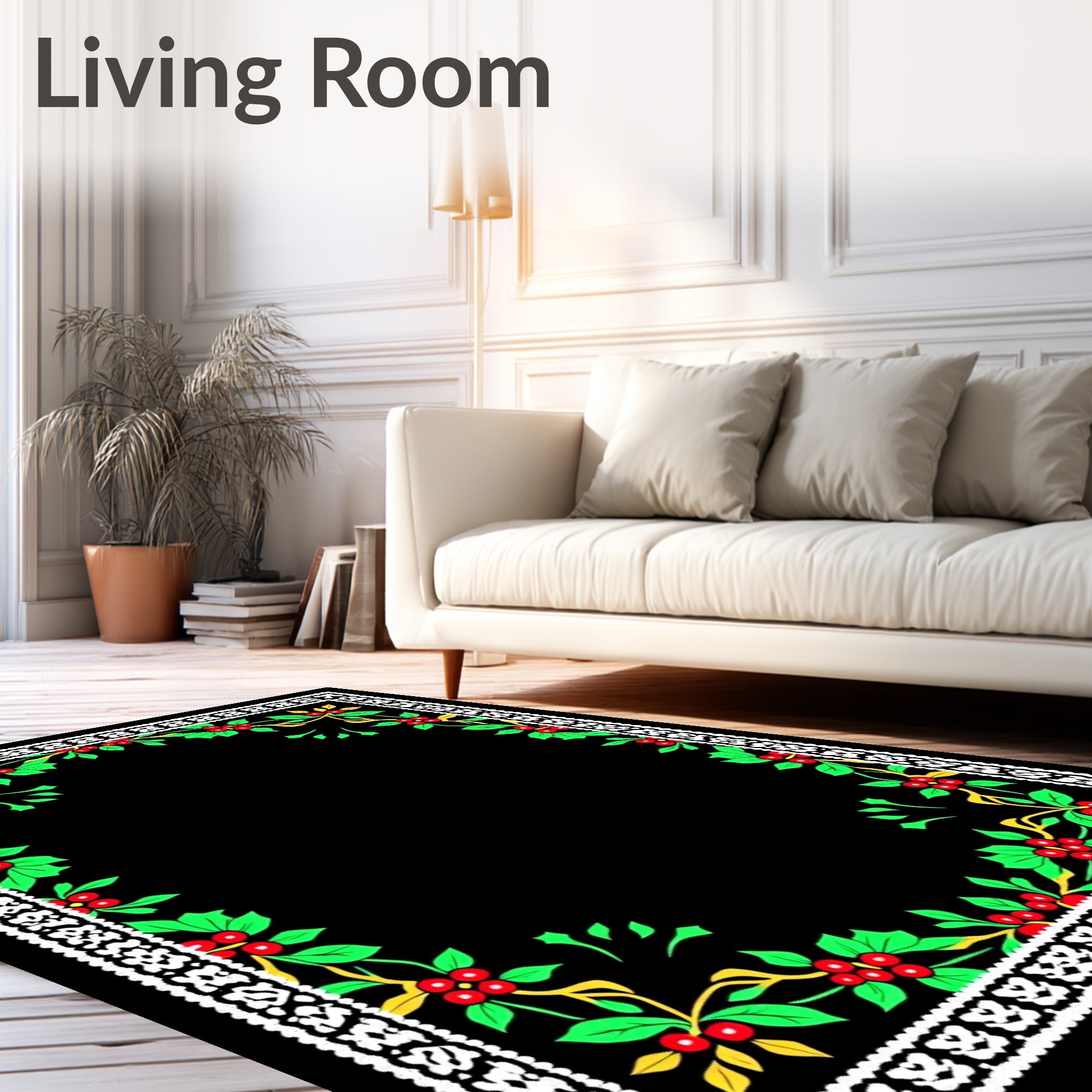 White Bordered Red Berry Holly Vines Rug