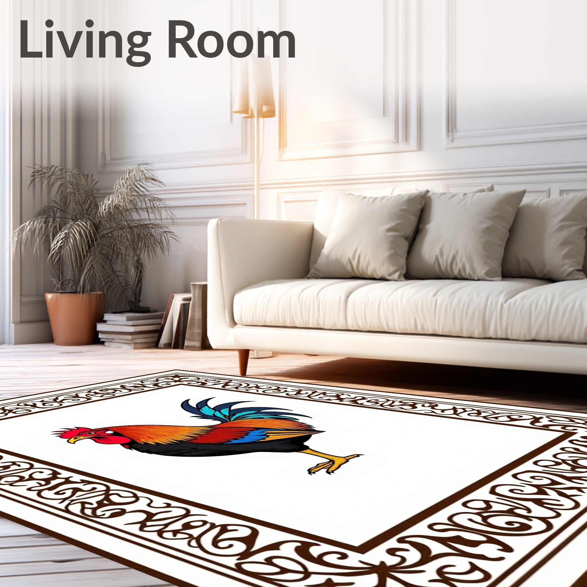 Brown Floral Border Rooster Vivid Rug