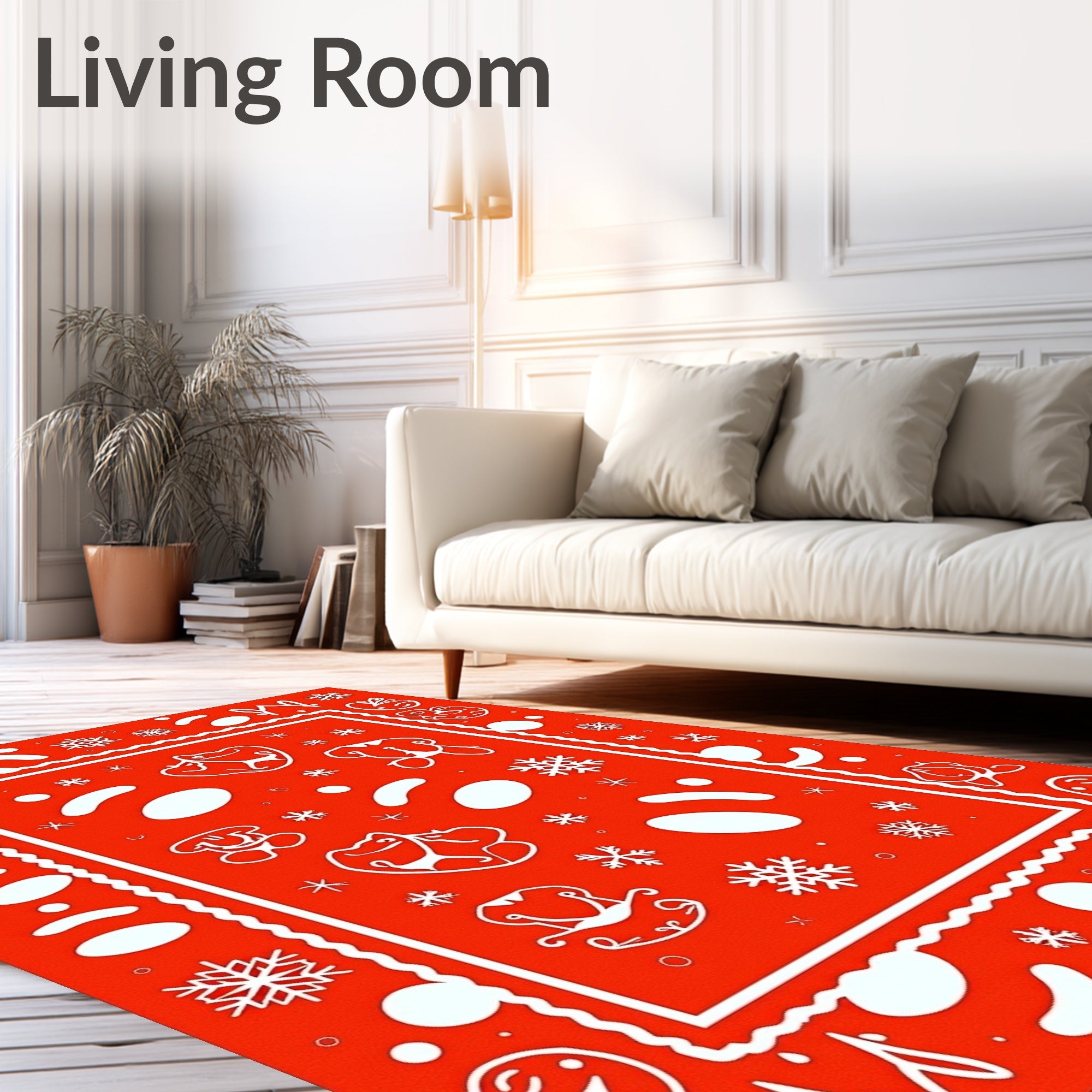 Red Whimsical Snowflakes and Animal Friends Rug