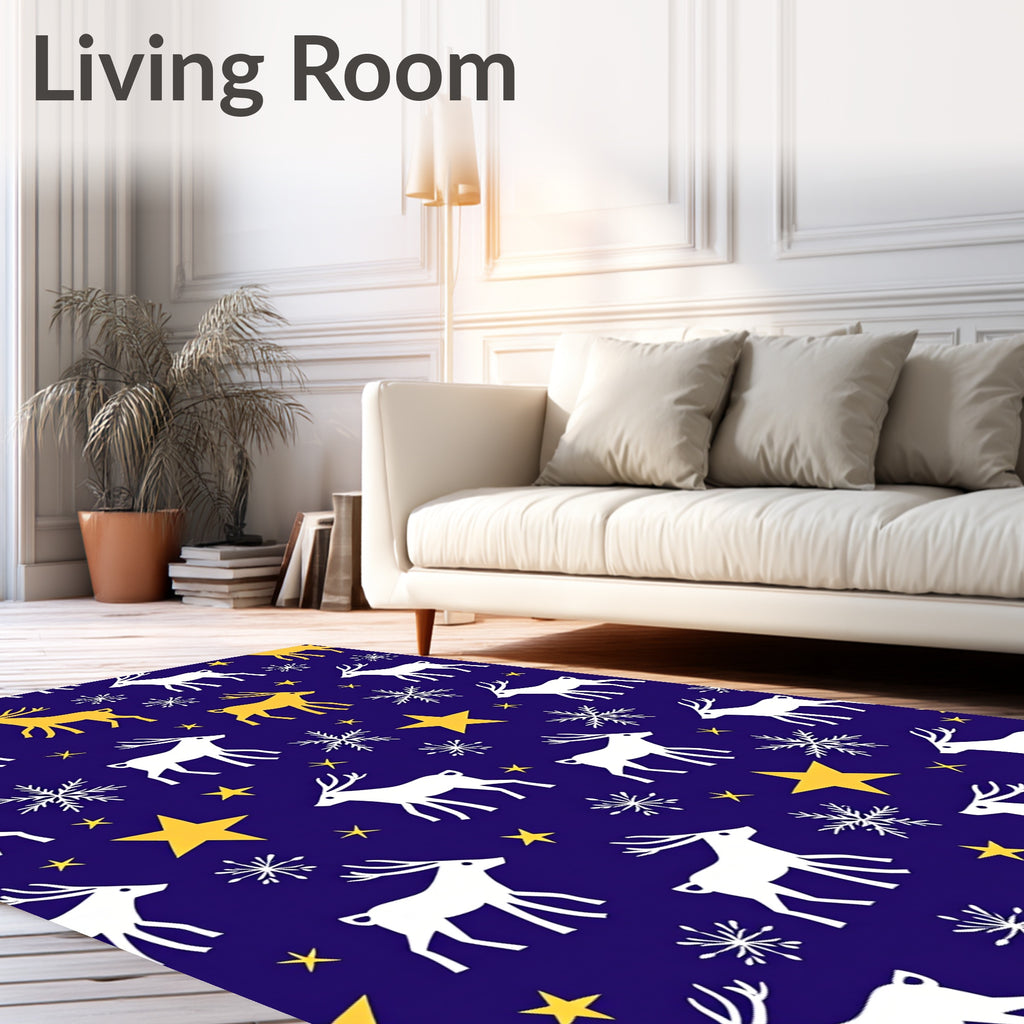 Midnight Blue Reindeer Snowflake Stars Rug