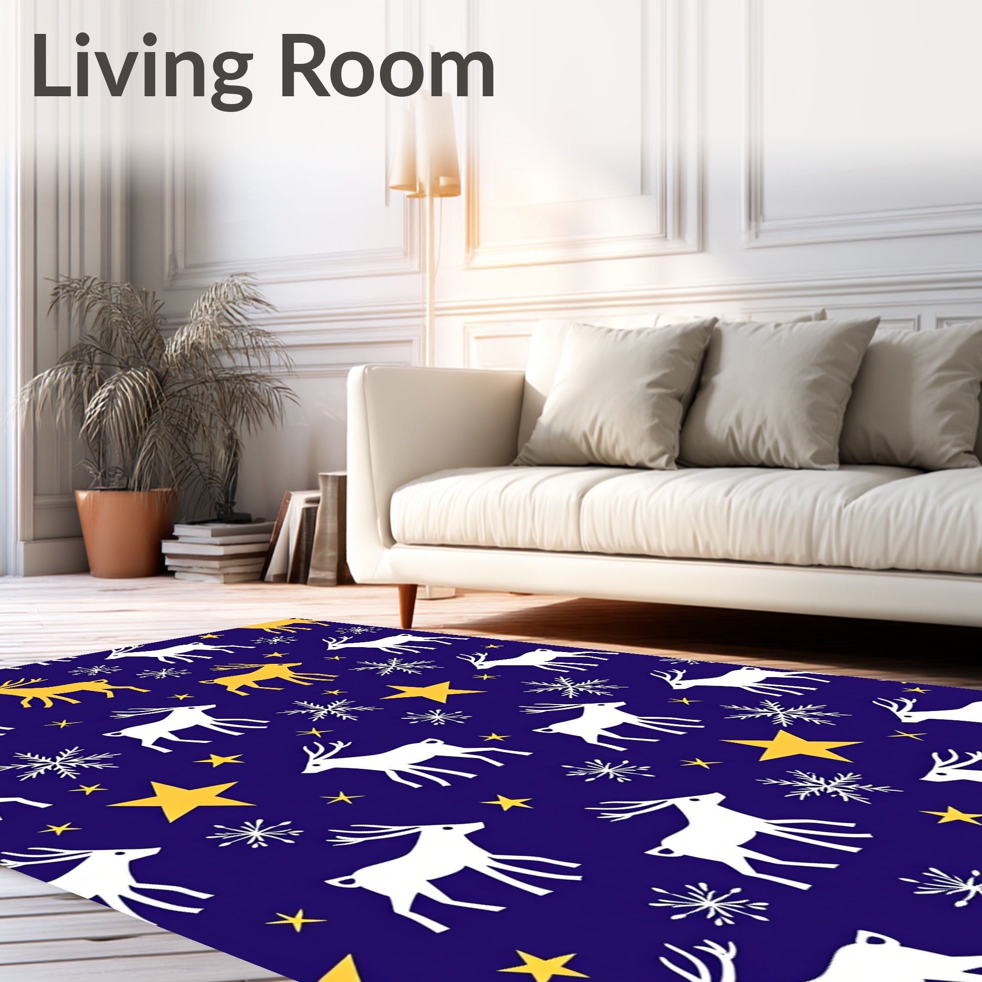 Midnight Blue Reindeer Snowflake Stars Rug