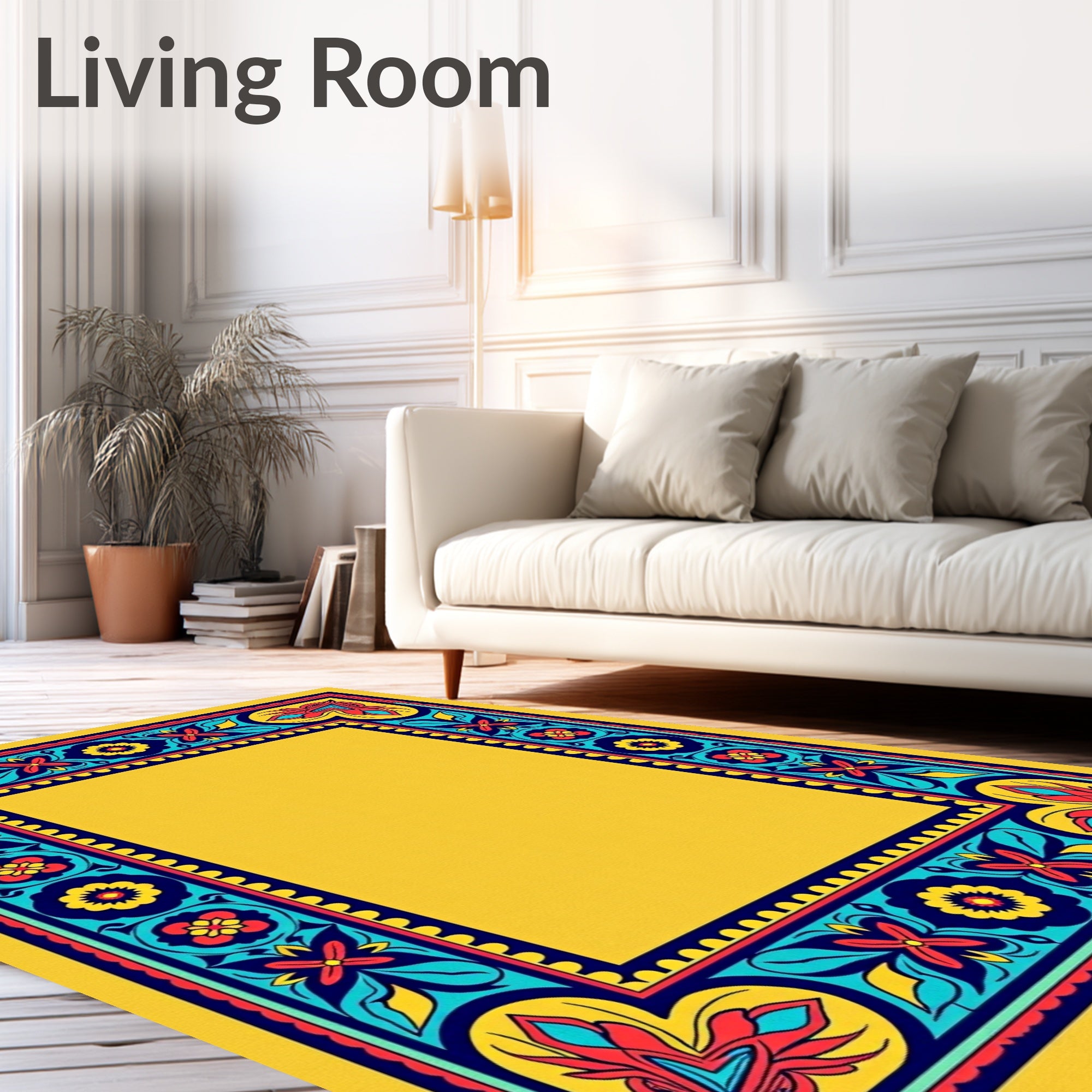 Vibrant Yellow Floral Border Rug