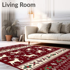 Burgundy Reindeer Snowflake Holly Border Rug