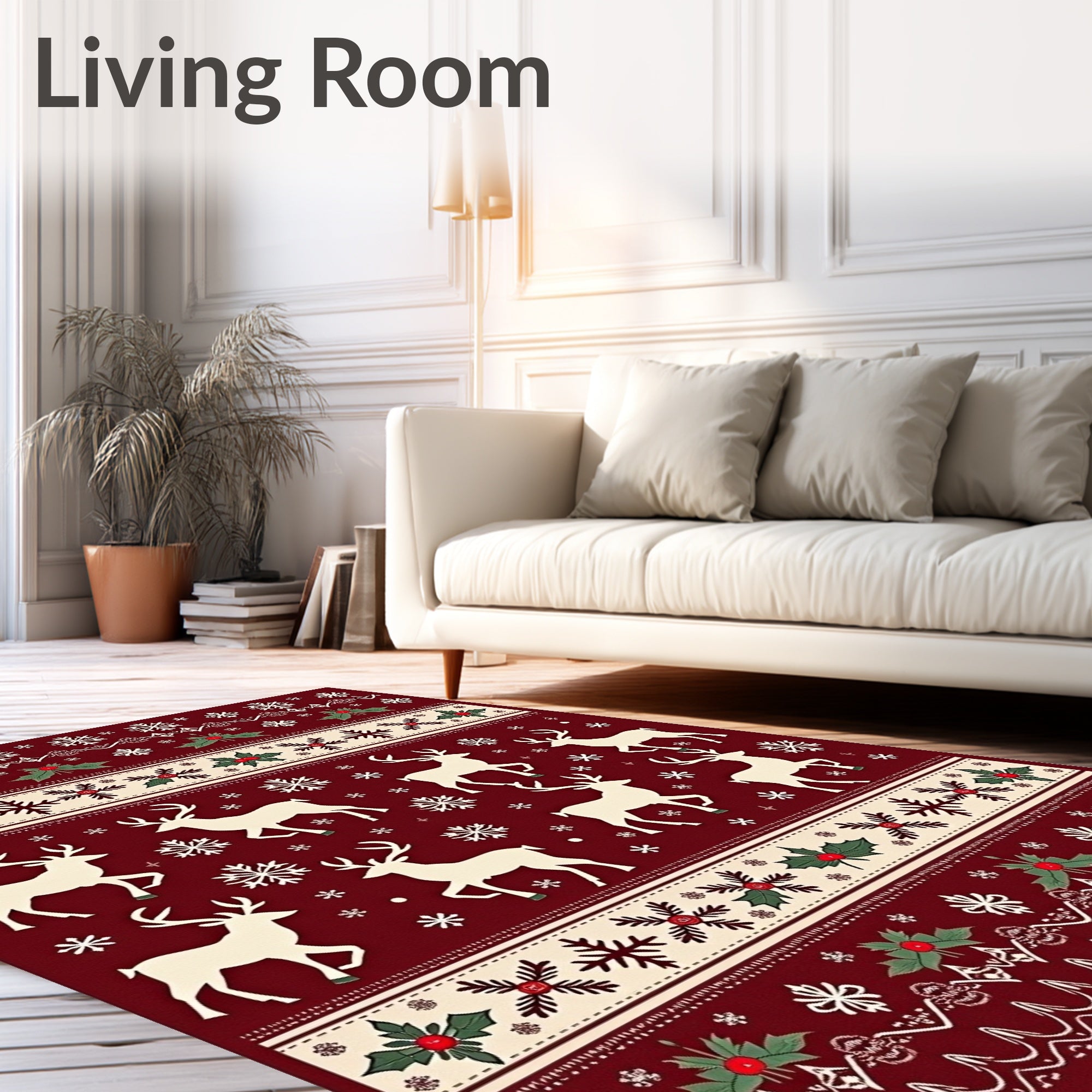 Burgundy Reindeer Snowflake Holly Border Rug