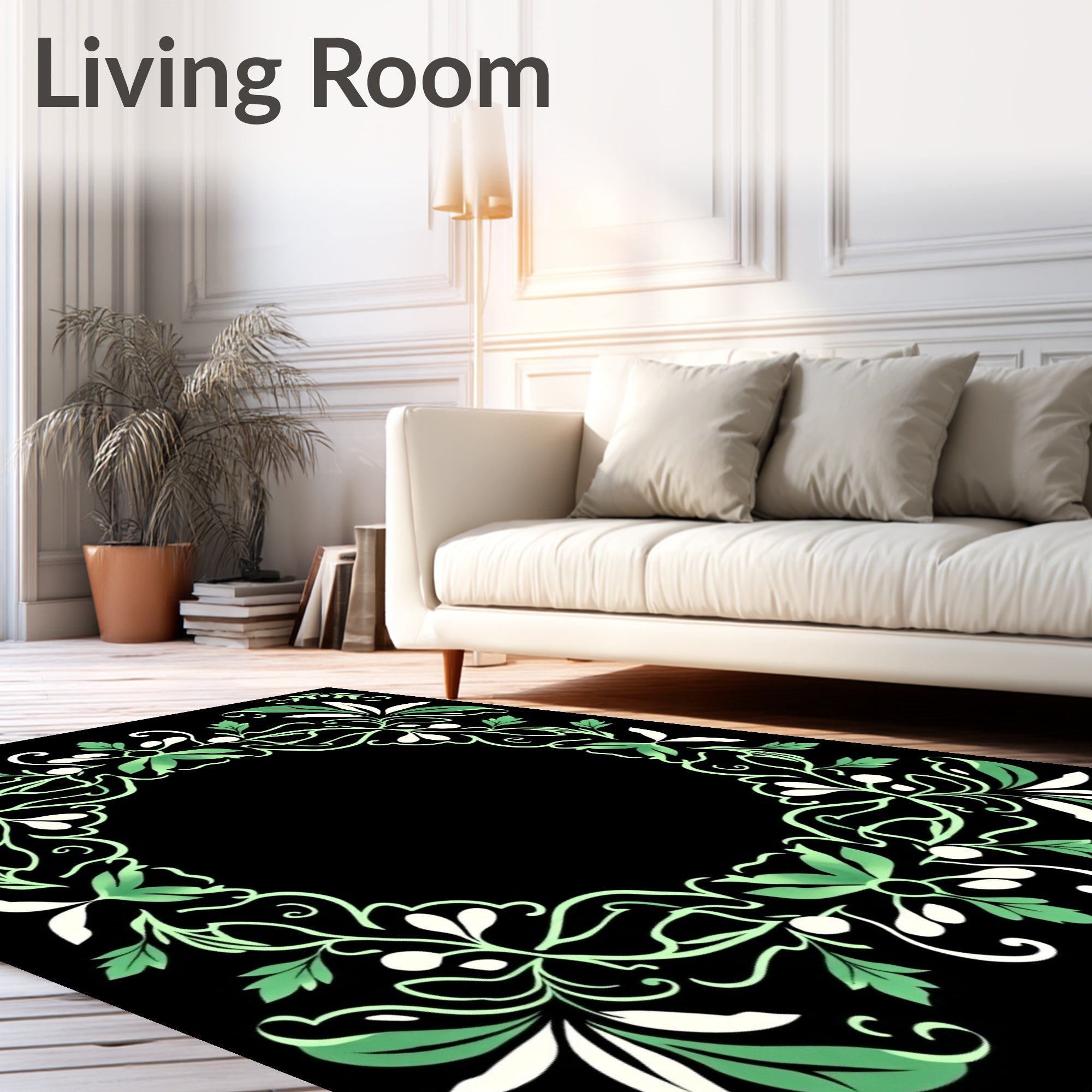 Vintage Green Floral Wreath Border Rug