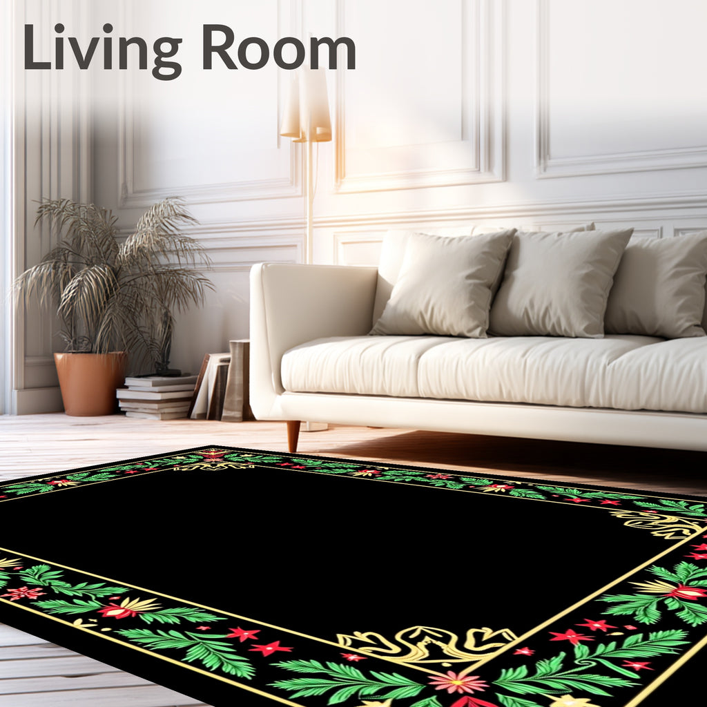 Festive Red Green Floral Border Rug