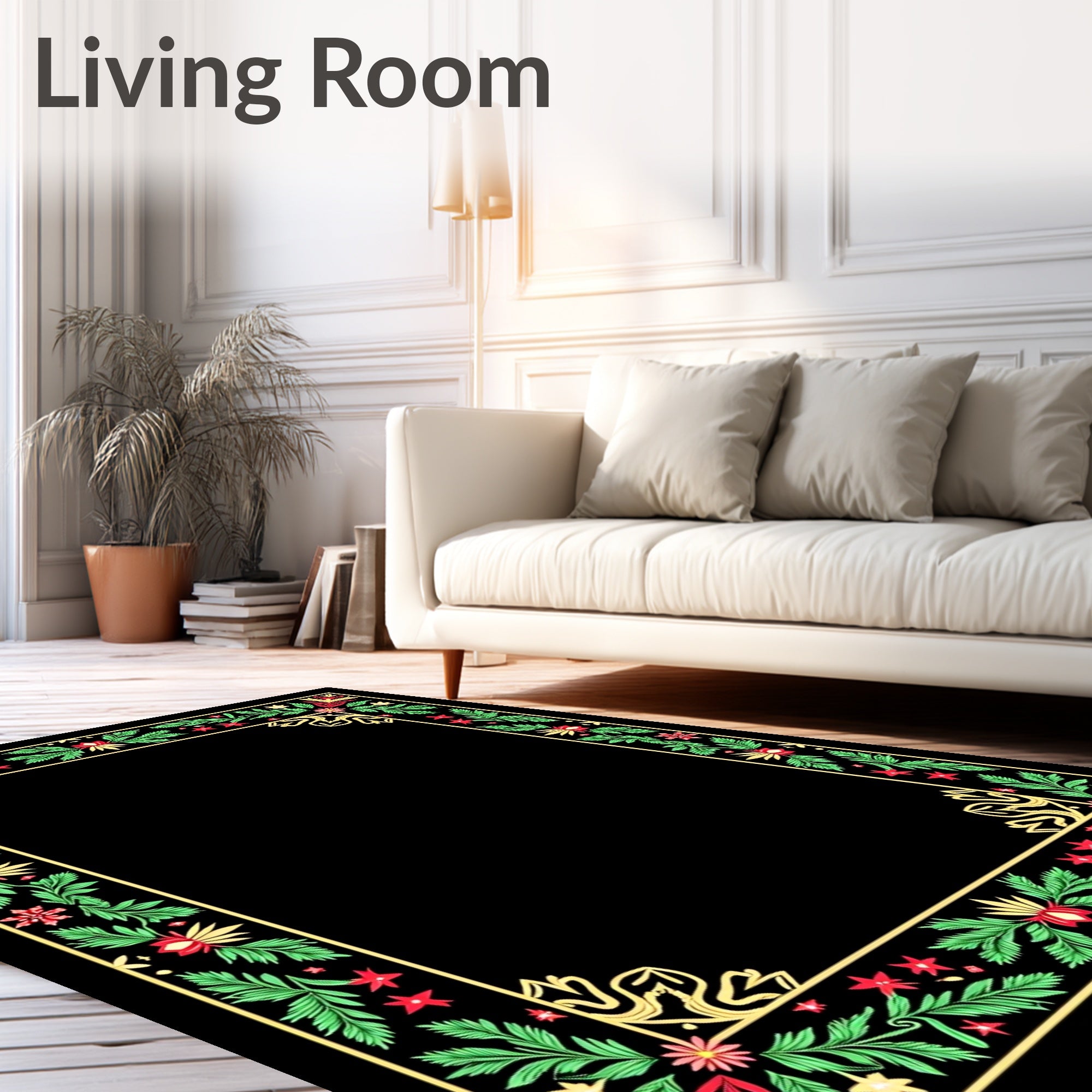 Festive Red Green Floral Border Rug
