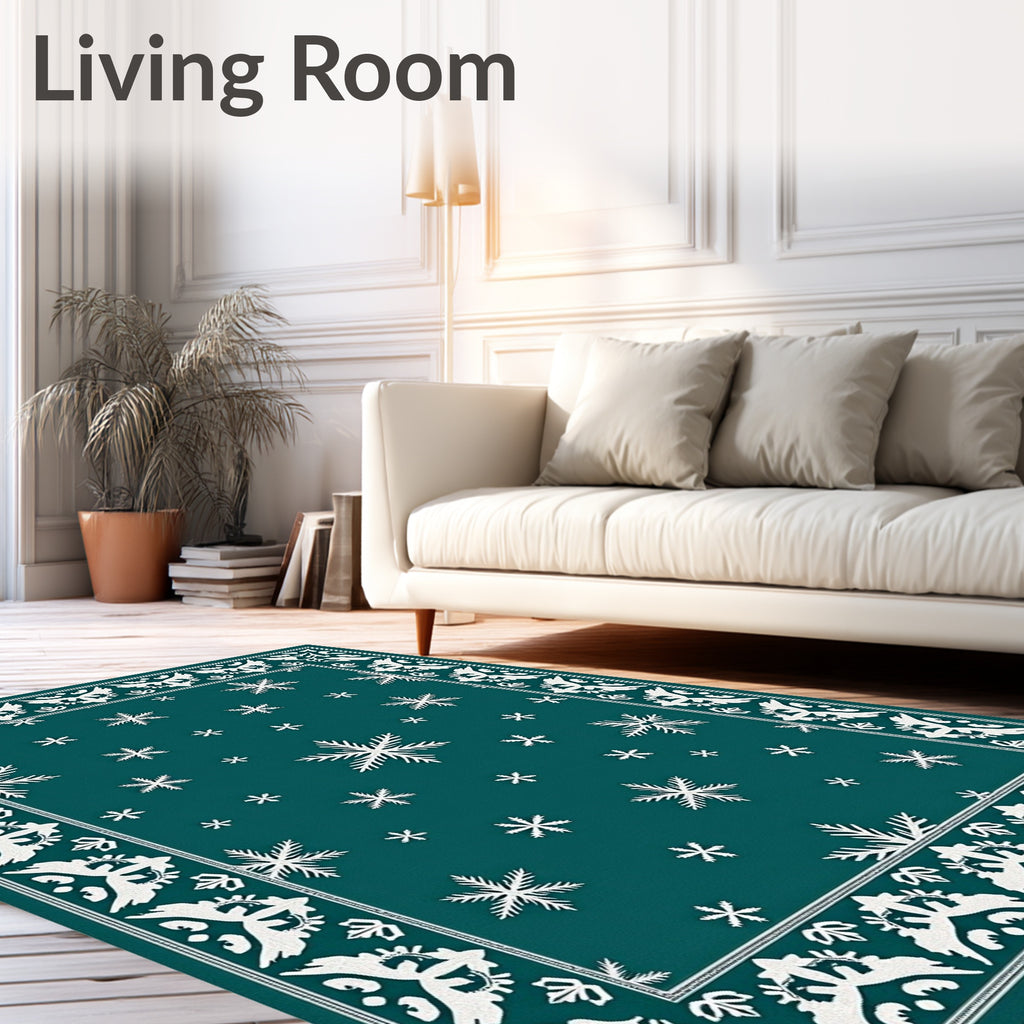 Teal White Snowflake Border Rug