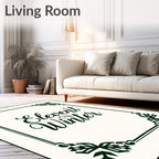 Dark Green Botanical Border With Script Rug