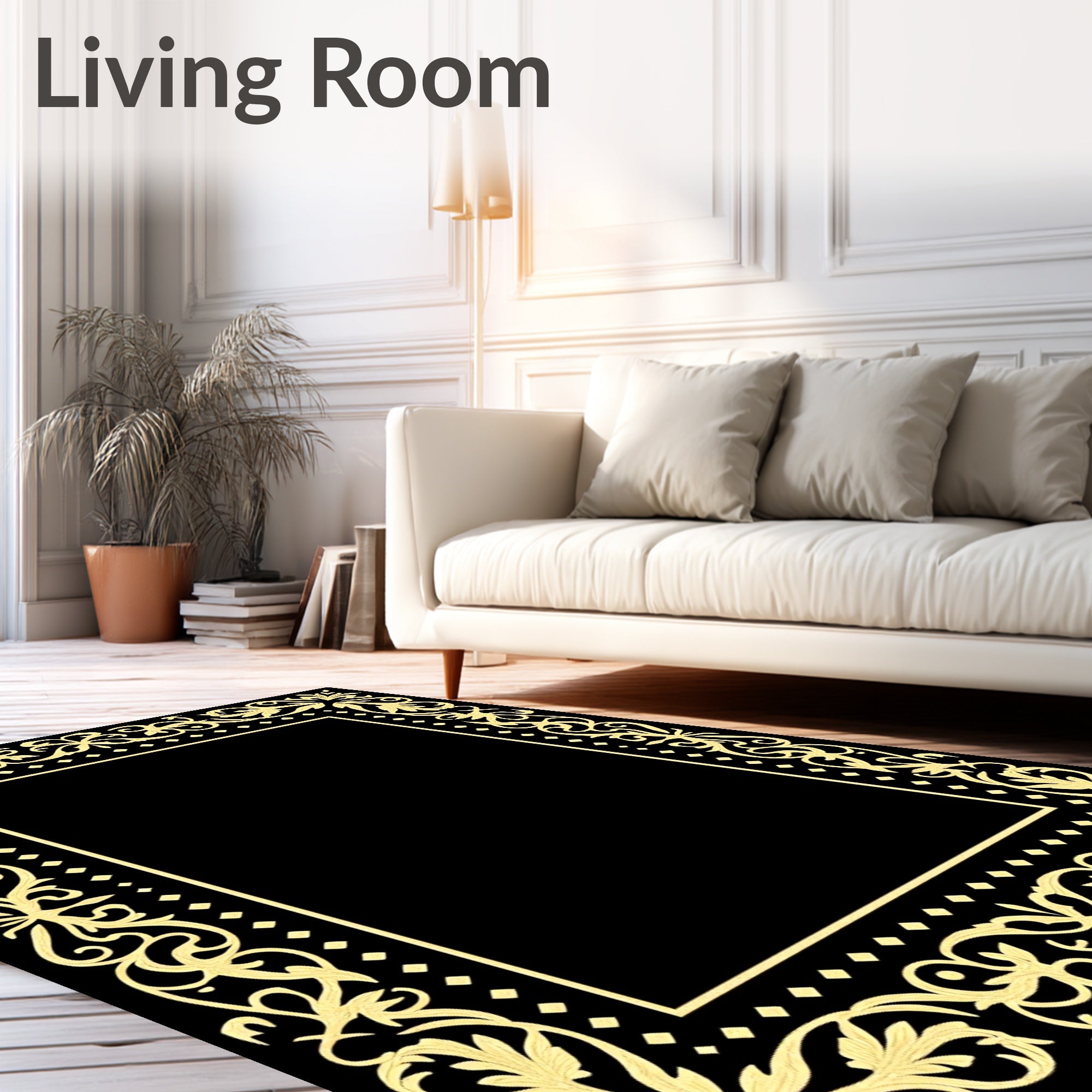 Golden Floral Acanthus Scroll Border Rug