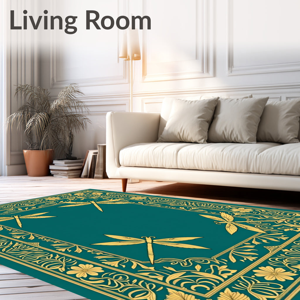 Golden Dragonfly Teal Border Rug