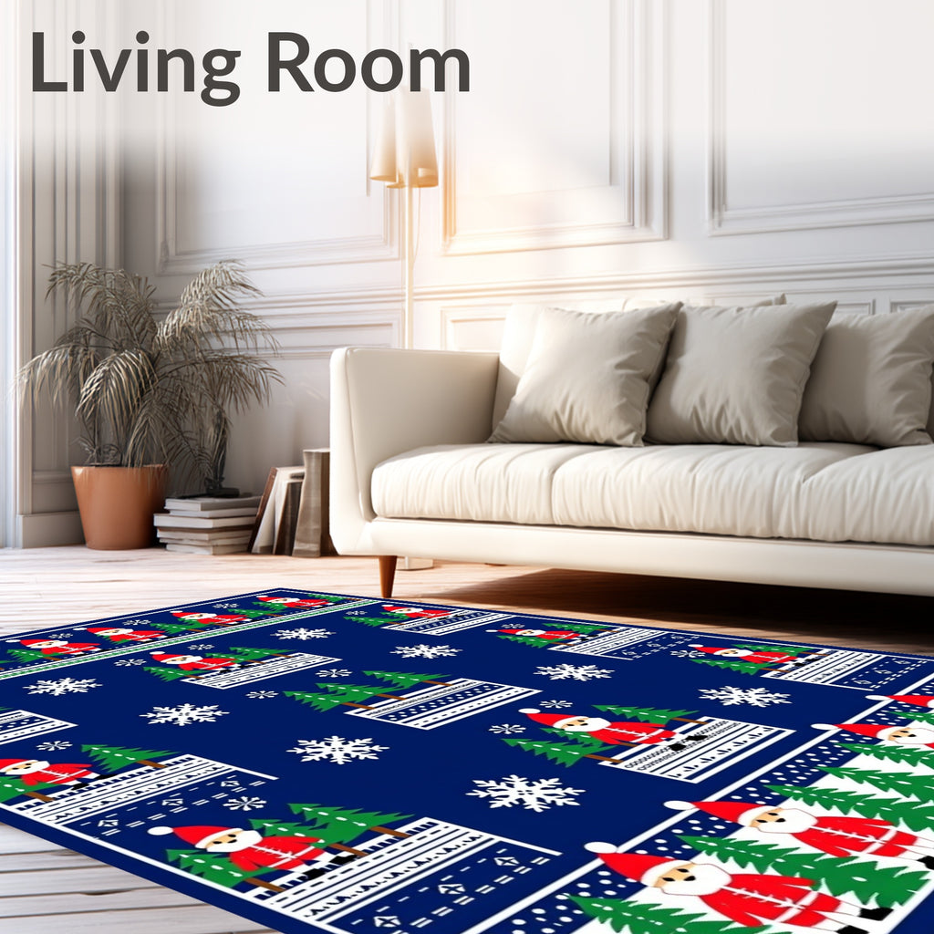 Festive Blue Santa Claus Trees Snowflakes Rug