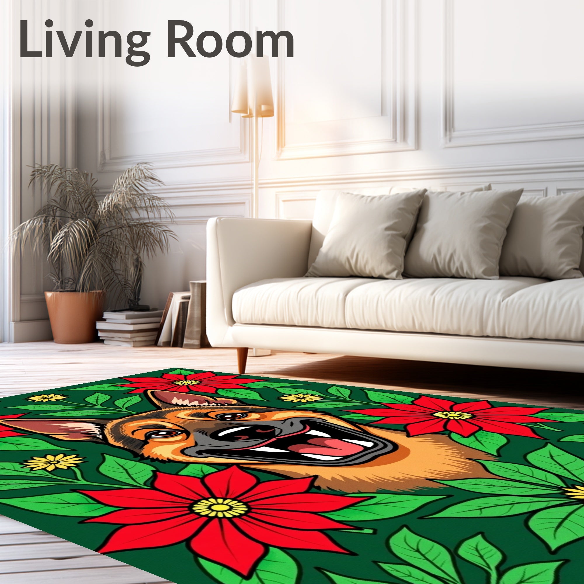 Joyful German Shepherd with Red Poinsettias Rug
