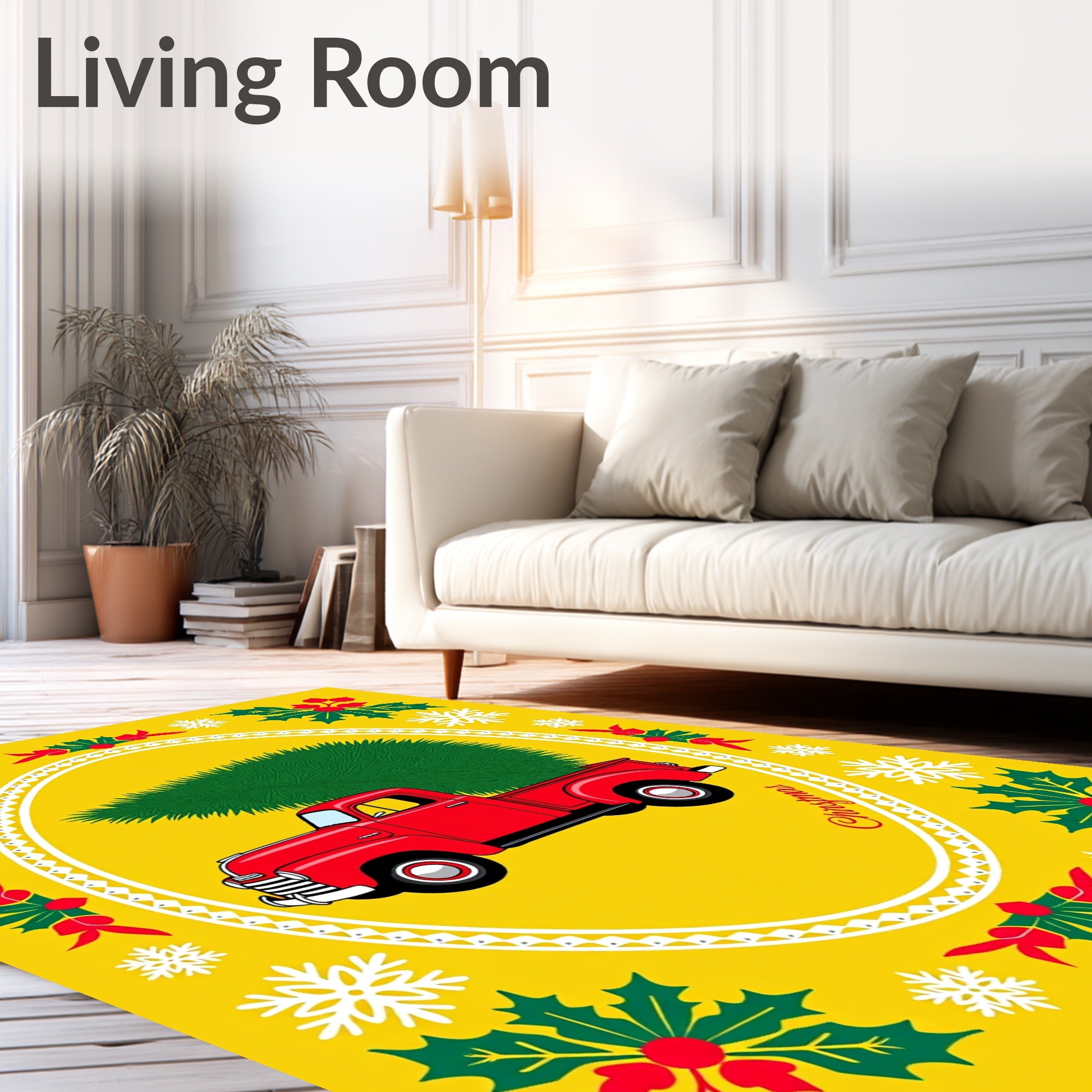Red Vintage Truck Christmas Tree Holly Rug