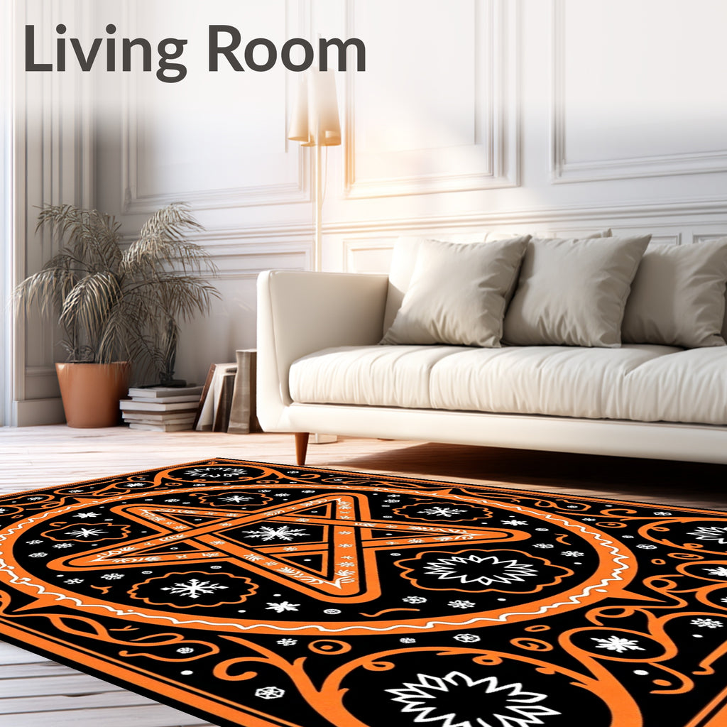 Orange Black Star Snowflake Floral Rug