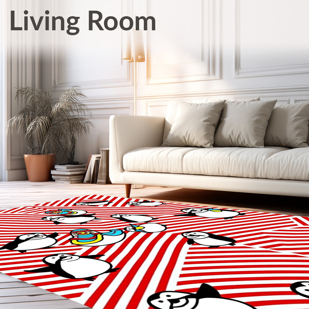 Red White Striped Penguin Cartoon Collection Rug