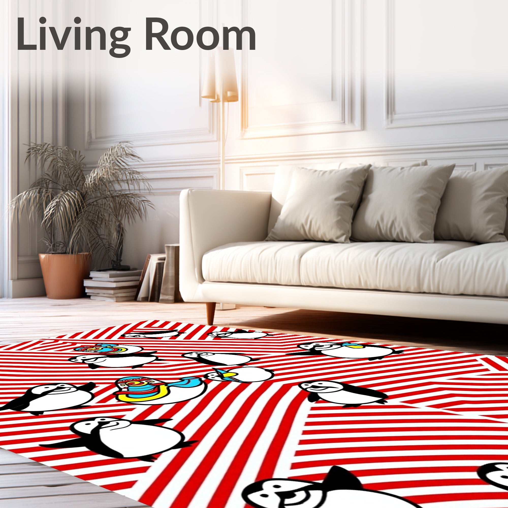Red White Striped Penguin Cartoon Collection Rug