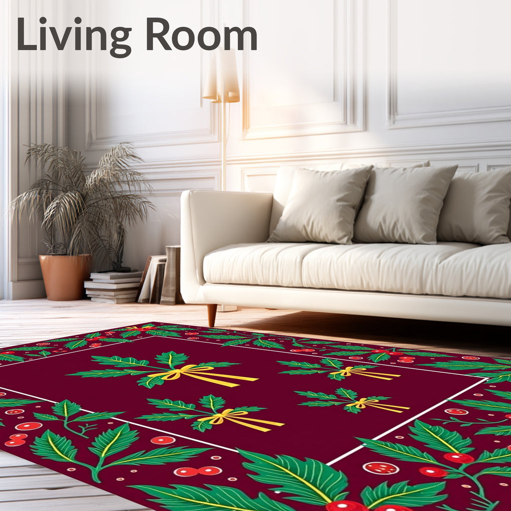 Whimsical Green Holly Berry Ribbon Rug
