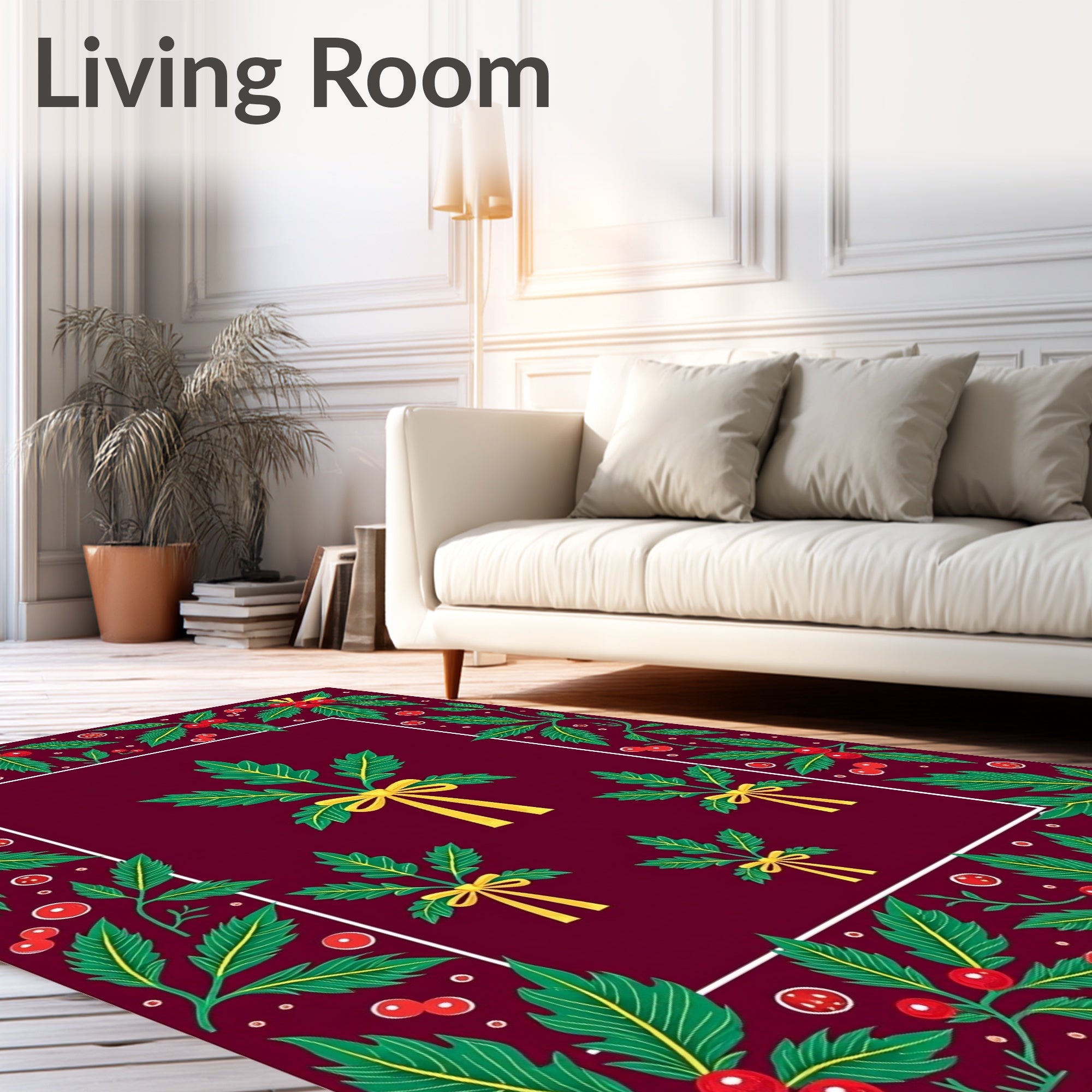 Whimsical Green Holly Berry Ribbon Rug