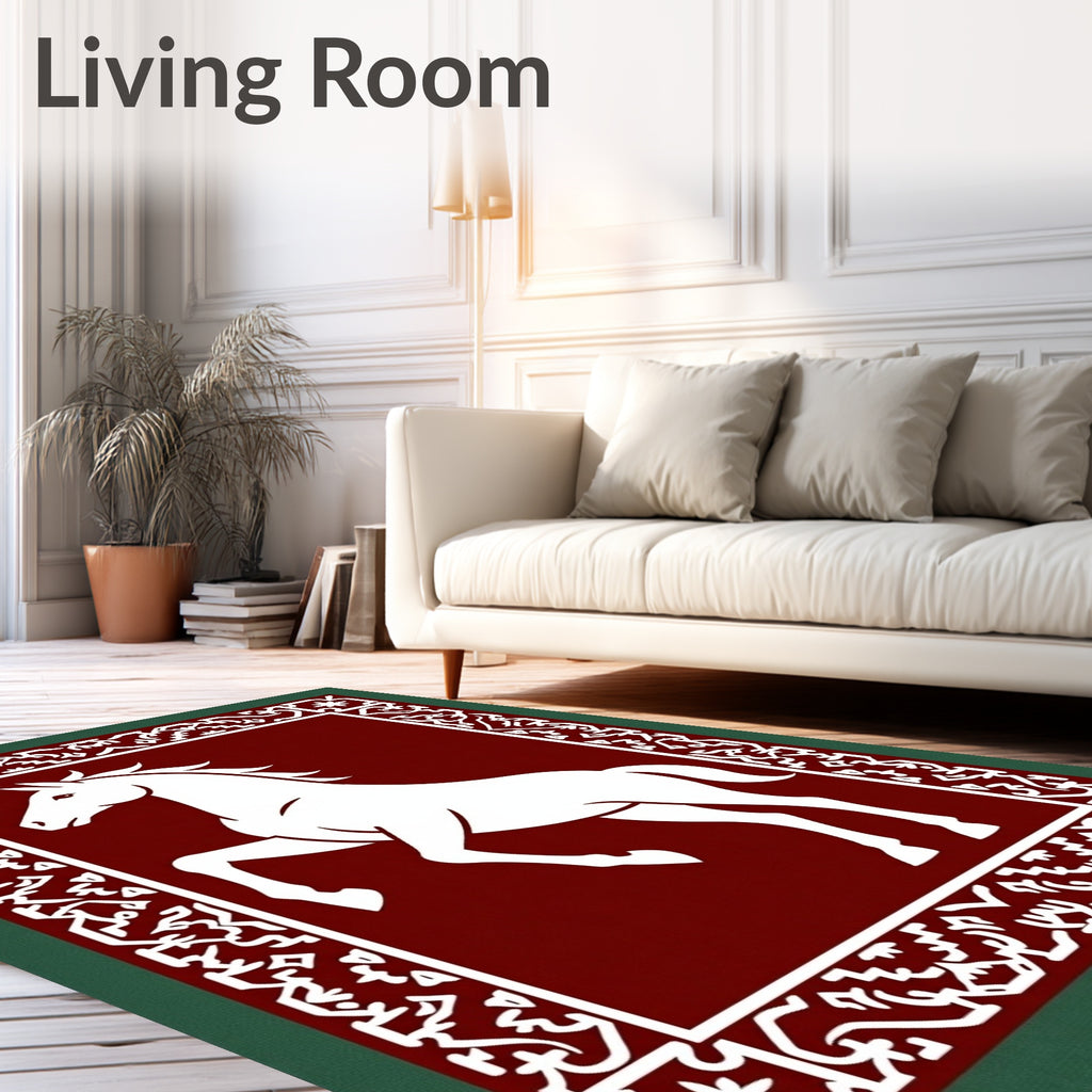 Crimson White Horse Floral Border Rug