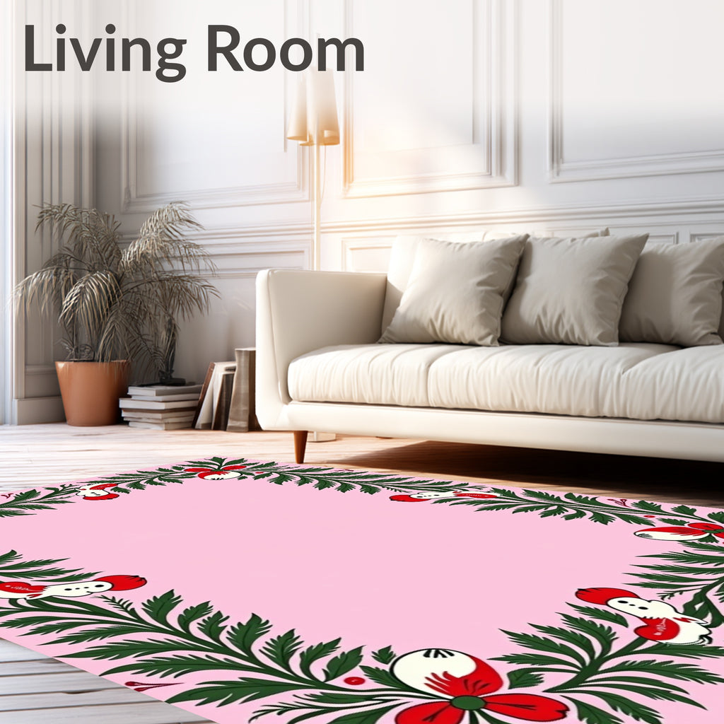 Whimsical Red Floral Greenery Border Rug