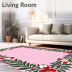 Whimsical Red Floral Greenery Border Rug
