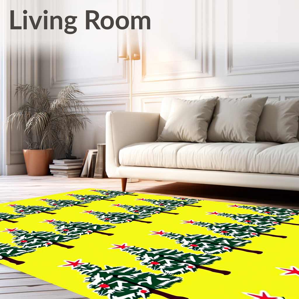 Festive Green Christmas Trees Red Stars Rug