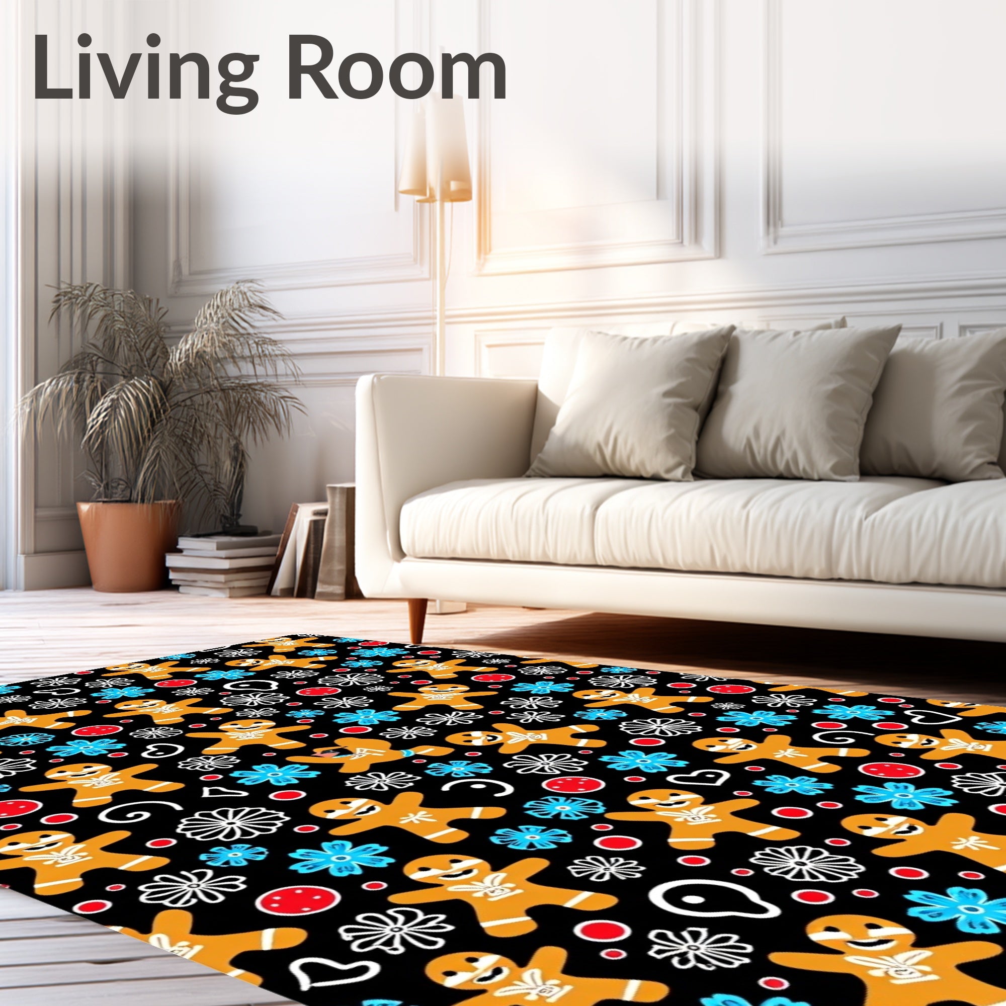 Cheery Gingerbread Man Blue Floral Black Rug