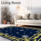 Deep Blue Snowflake Botanical Border Rug