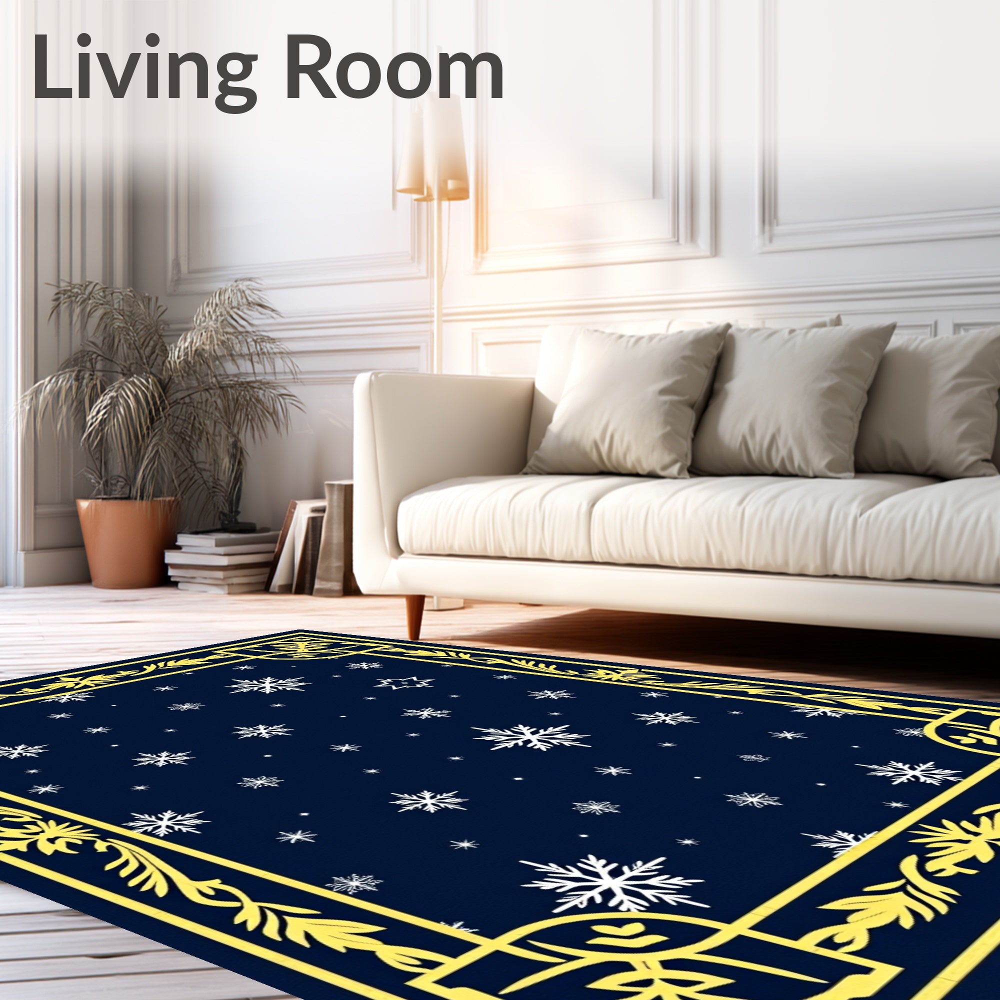 Deep Blue Snowflake Botanical Border Rug