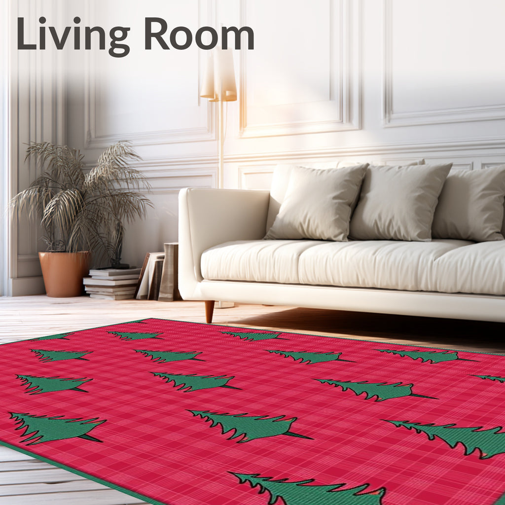 Crimson Plaid Evergreen Trees Rug