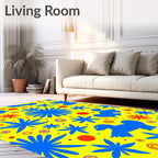 Vibrant Blue Dino Floral Explosion Rug