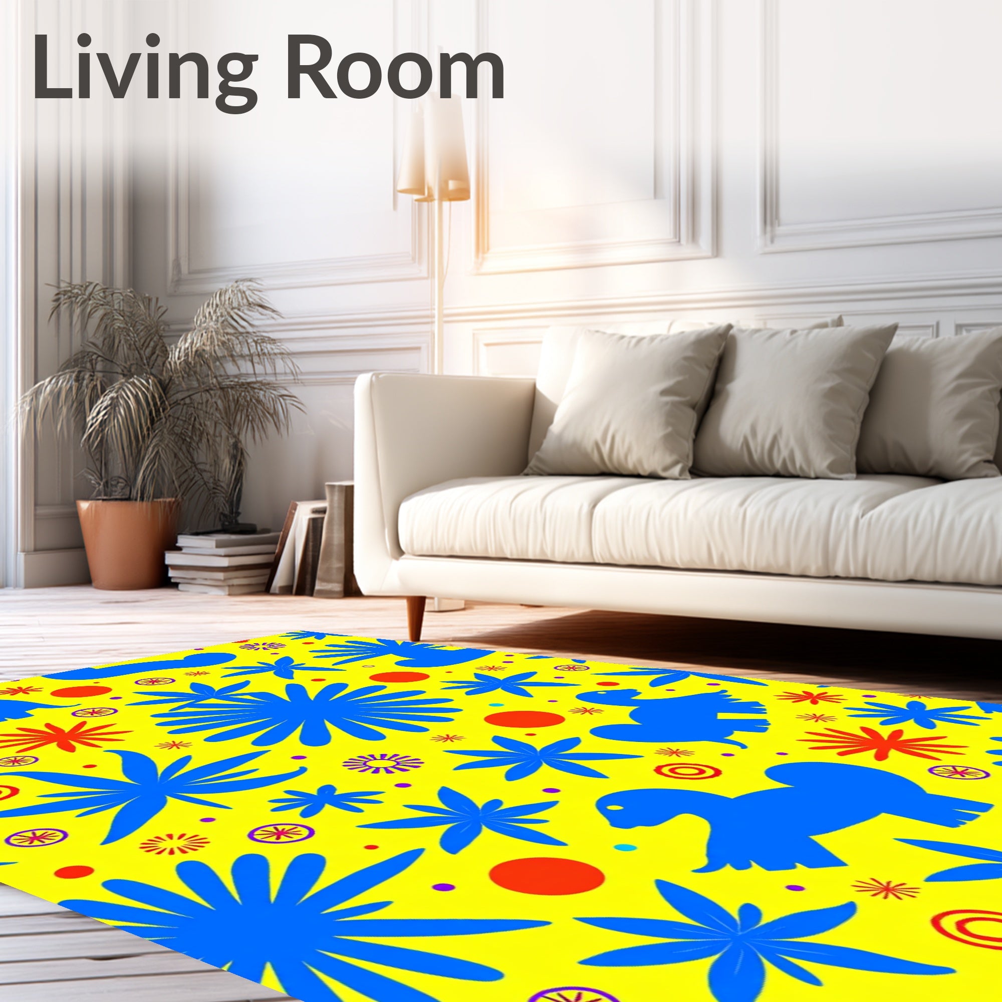 Vibrant Blue Dino Floral Explosion Rug