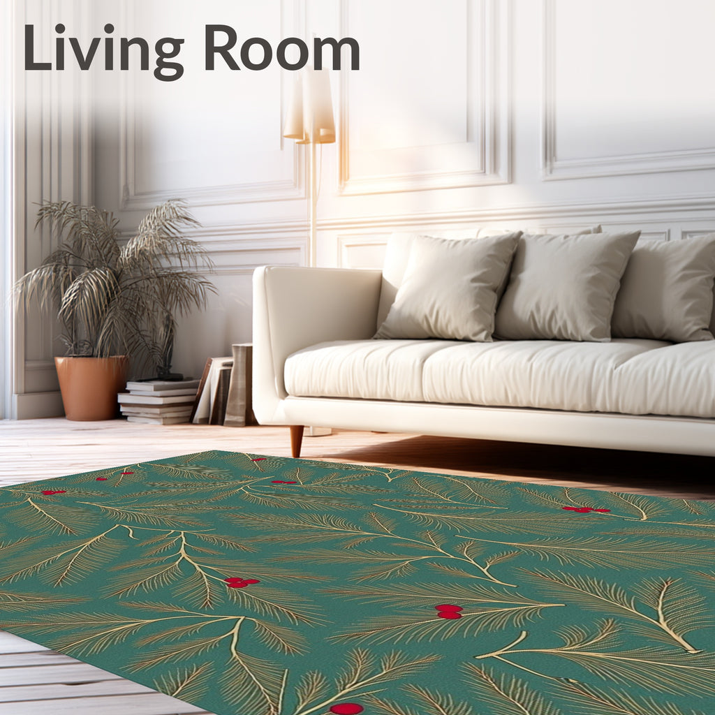 Teal Pine Branch Red Berry Rug