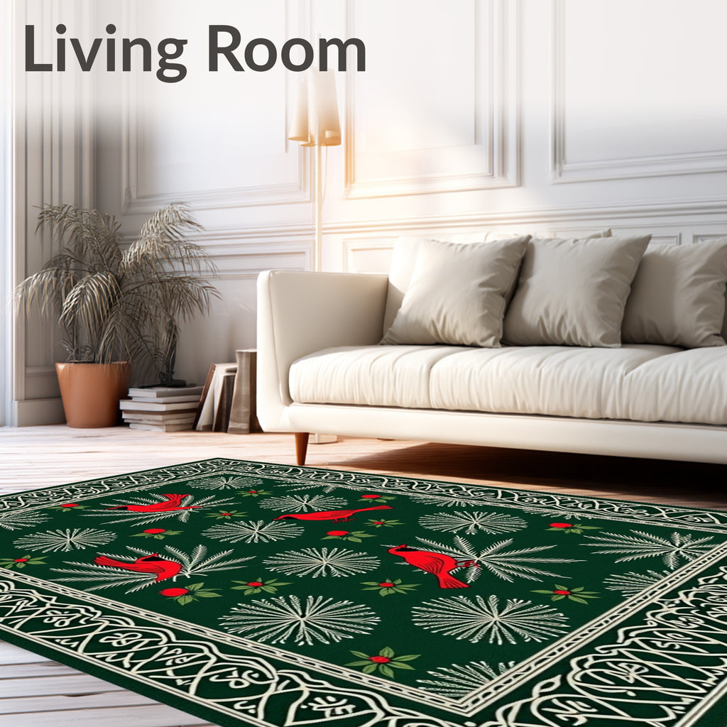 Red Cardinal Emerald Botanical Border Rug