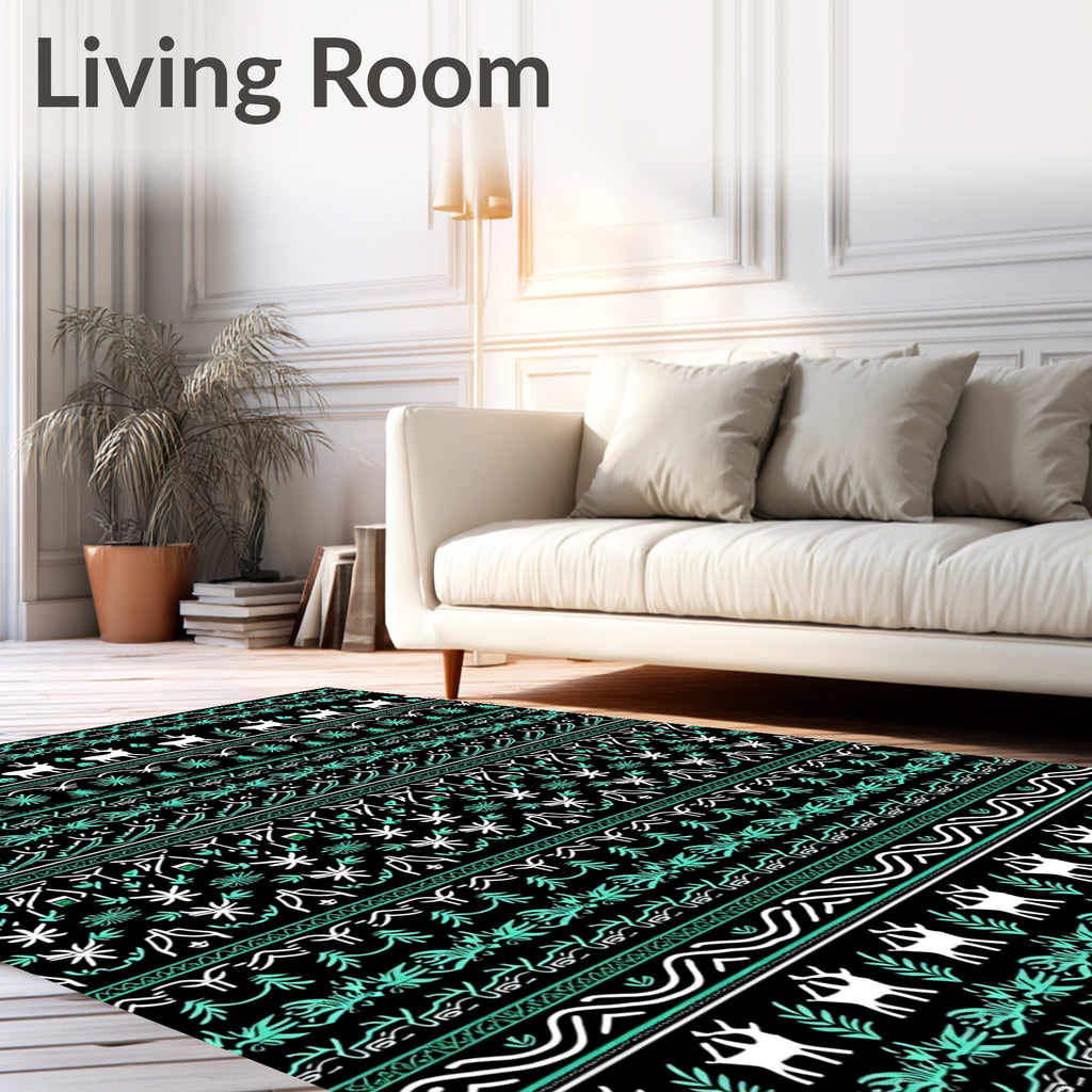 Black White Teal Reindeer Forest Stripe Rug