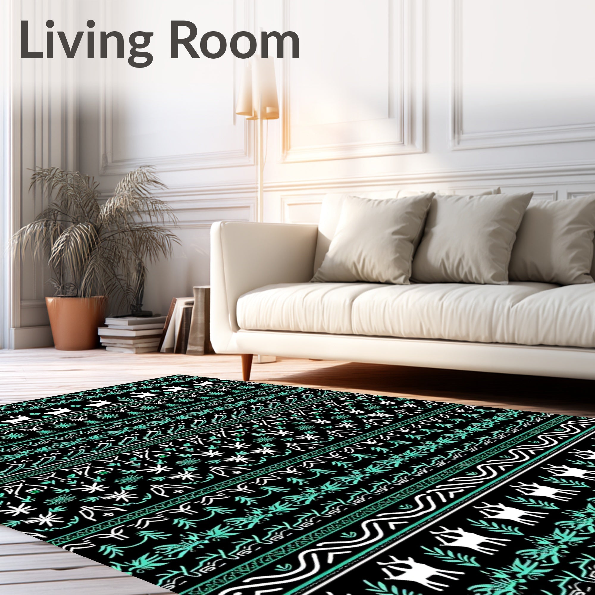 Black White Teal Reindeer Forest Stripe Rug