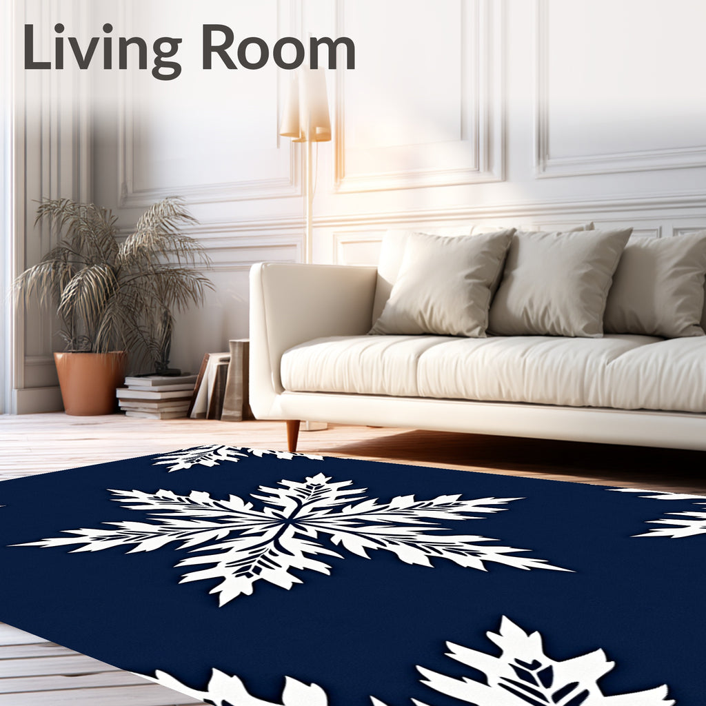White Snowflake Navy Blue Background Rug