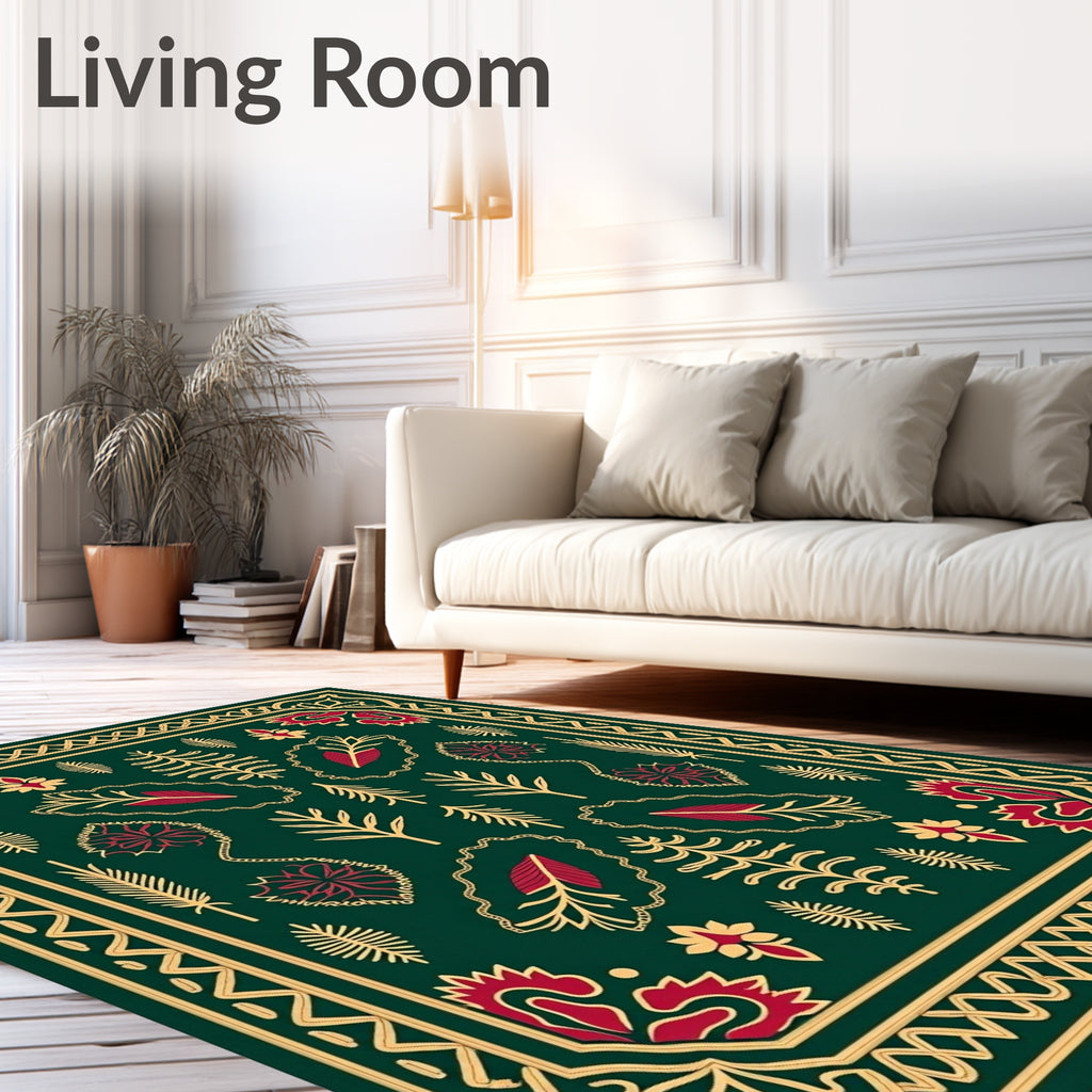 Emerald Crimson Leafy Folk Art Rug