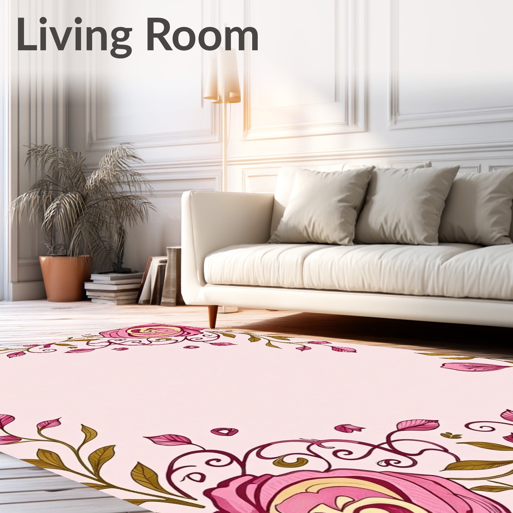 Vibrant Pink Rose Garden Leafy Swirls Rug