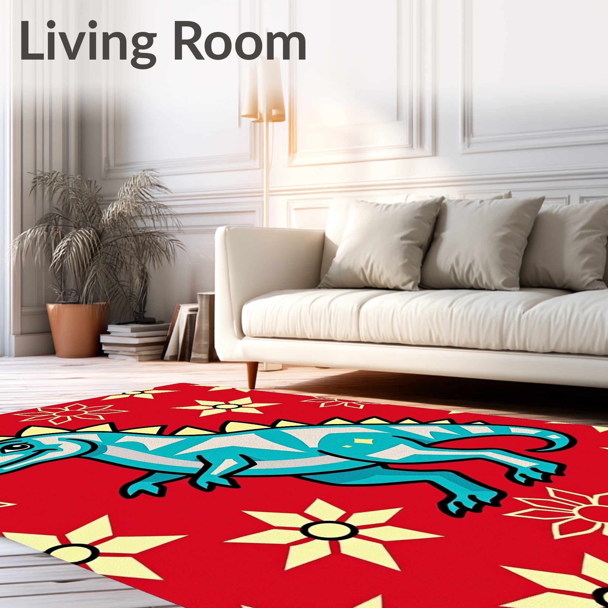 Bright Red Teal Dinosaur Floral Rug