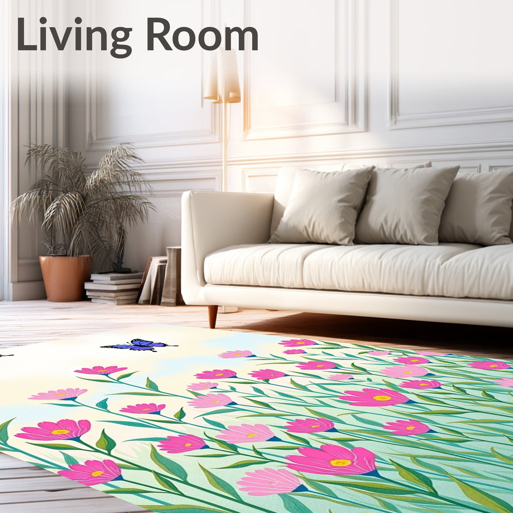 Whimsical Pink Floral Meadow Butterfly Rug
