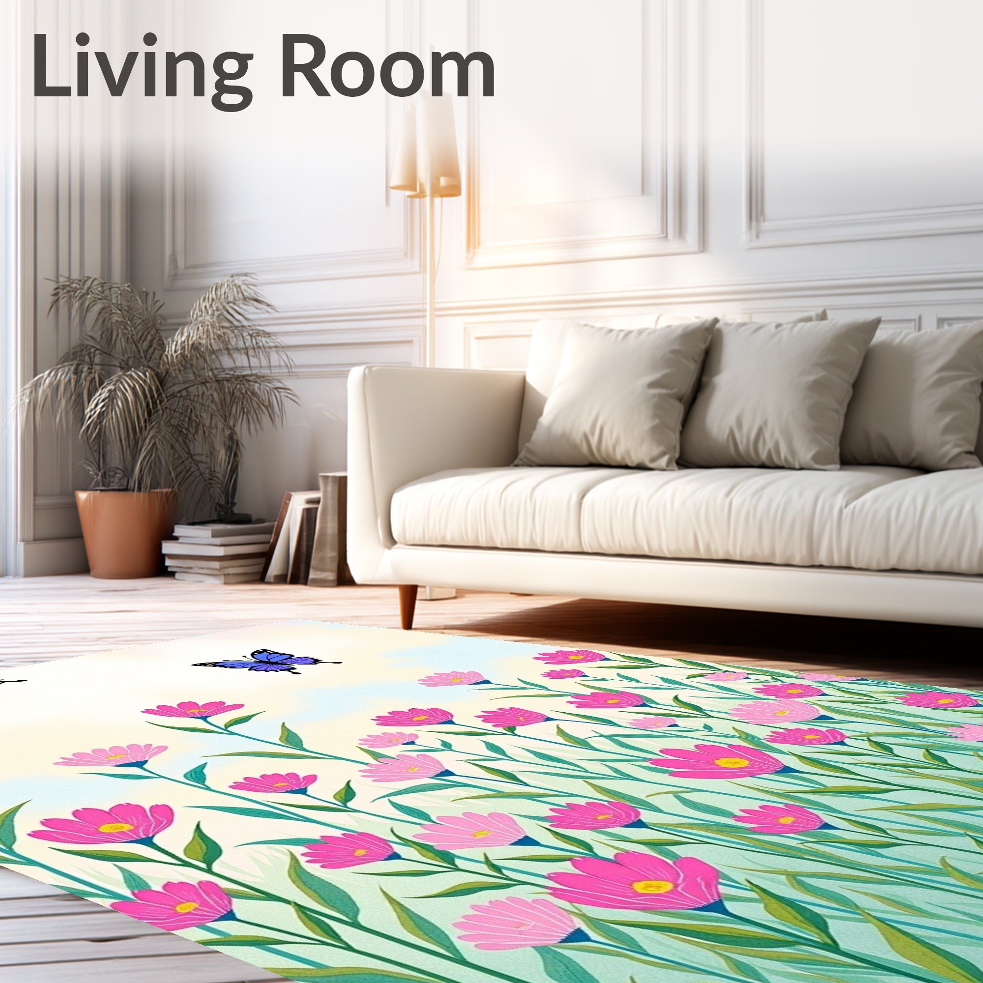 Whimsical Pink Floral Meadow Butterfly Rug